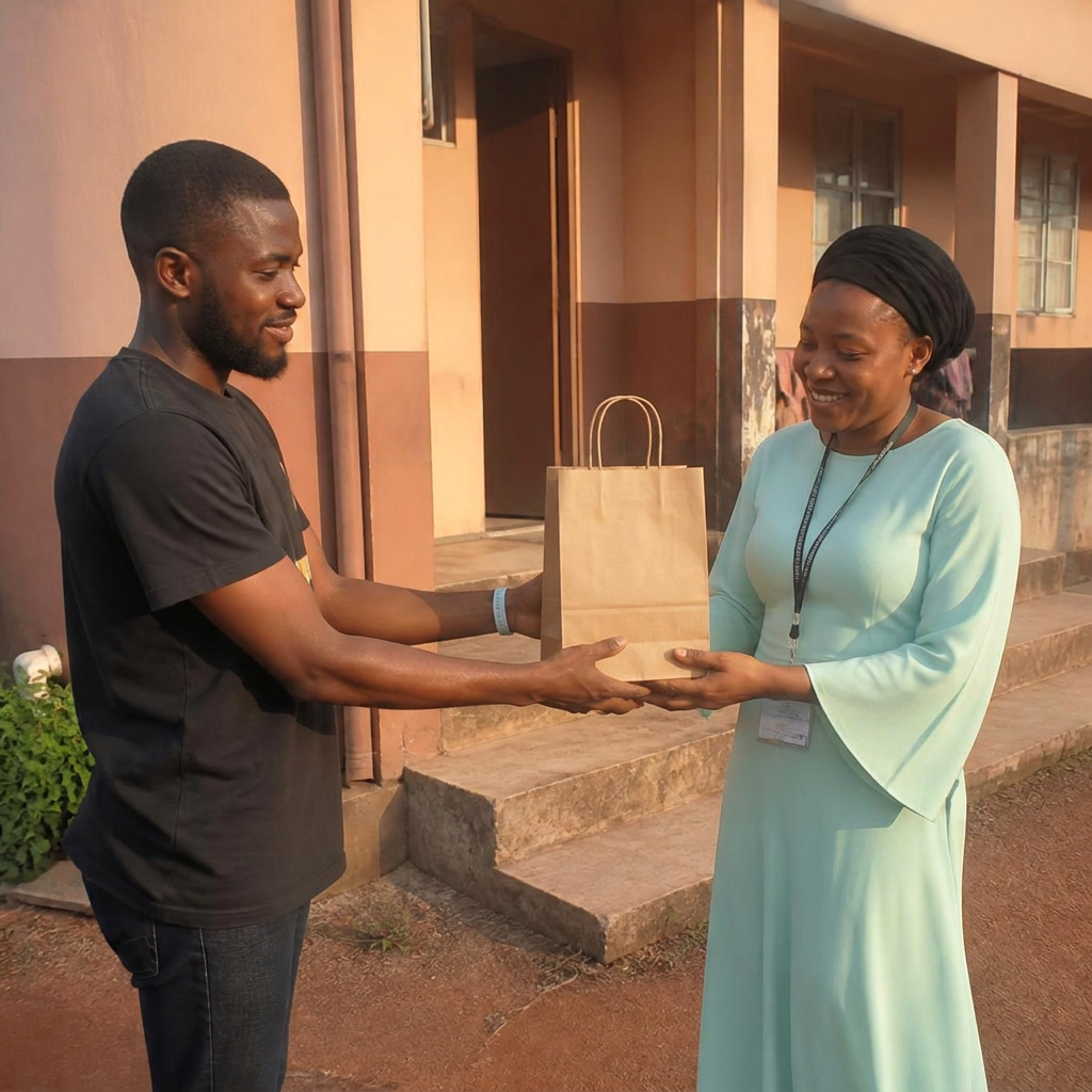 A Recurpot dispatcher handing an unbranded brown kraft paper bag meal to an RCCG convention attendee outside their hostel.