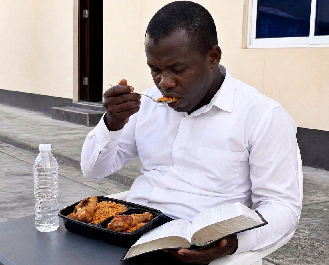 An RCCG convention attendee eating jollof rice and chicken from an unbranded takeaway container while reading his open Bible, with a bottle of water standing upright on the table beside the container.